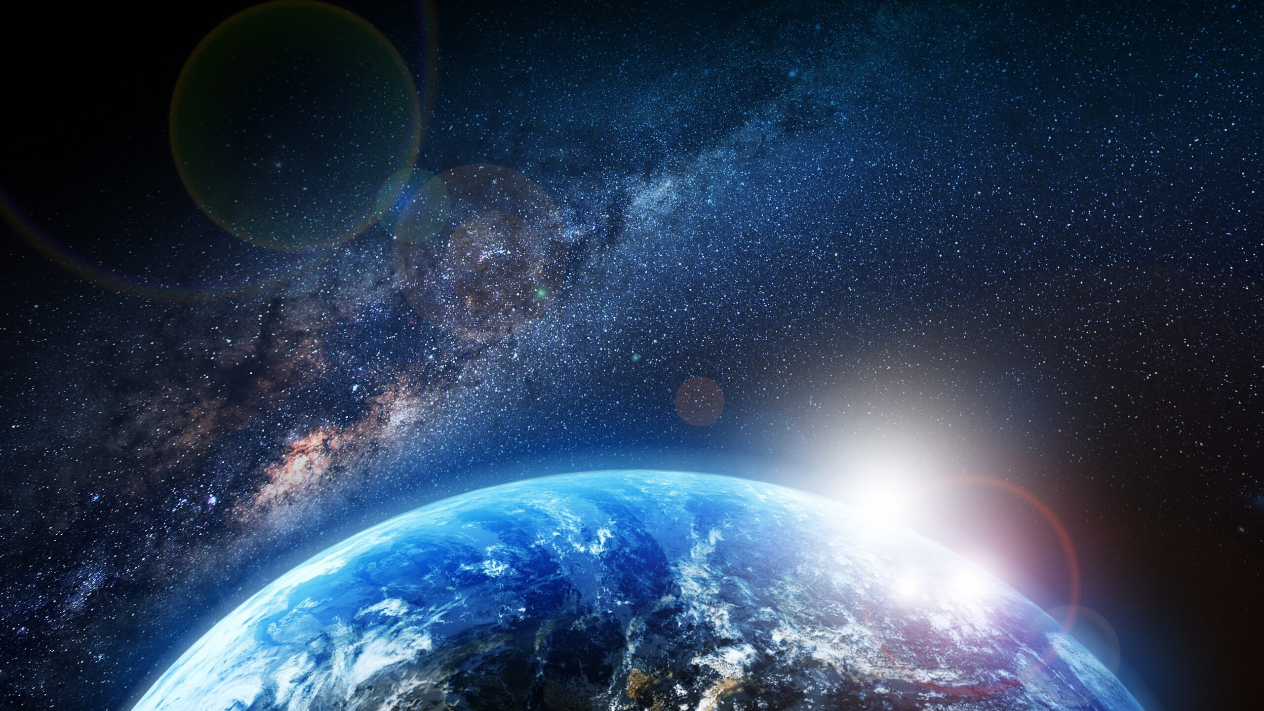 Earth Sunrise and Milky Way Illustration. First Sun Lights. Space Illustrations Collection.